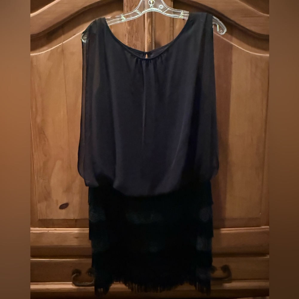 Aidan by Aidan Mattox Black Blouson Fringe Detail Keyhole Dress Size 8 US - Picture 3 of 12